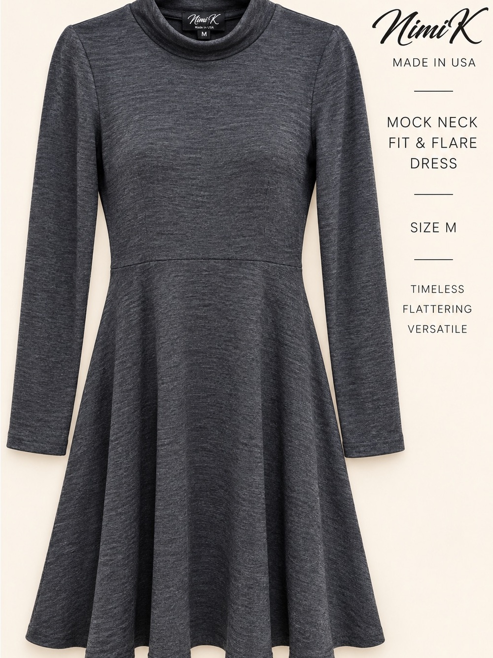 Nimi K Charcoal Gray Mock Neck Fit & Flare Dress Size M NWT
